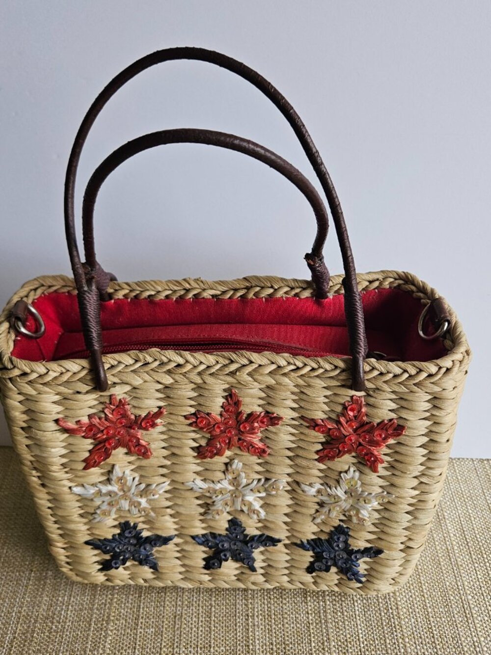 Sonoma Straw Handbag Red White Blue Stars Woven Patriotic Crossbody Purse - Picture 14 of 15